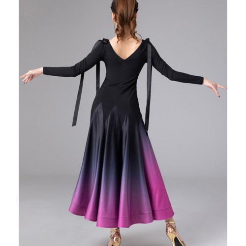 Purple with black gradient colored ballroom dance dresses for women girls long sleeves Waltz tango Dance Practice long fxotrot smooth dance Dress